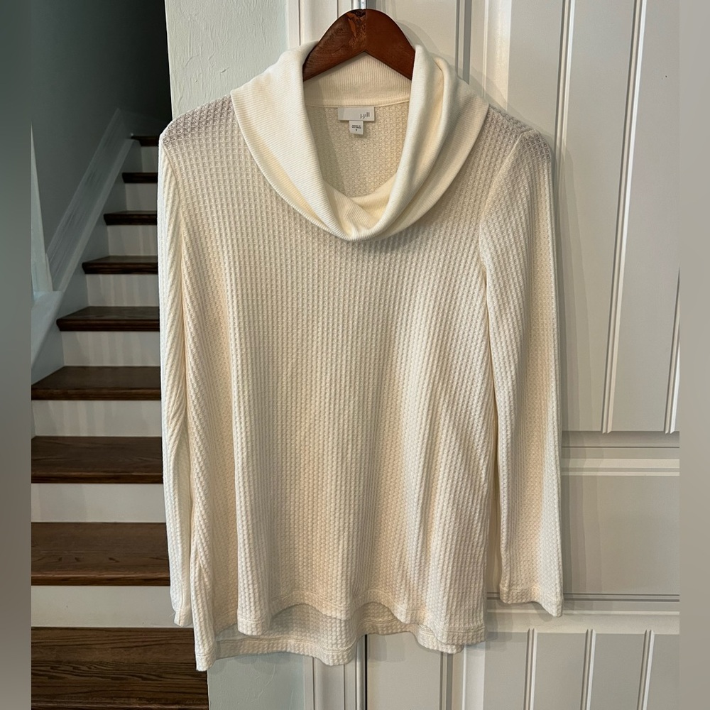 J Jill Small Cream Cowl Neck Top Textured Waffle Knit Long Sleeve Rayon Blend